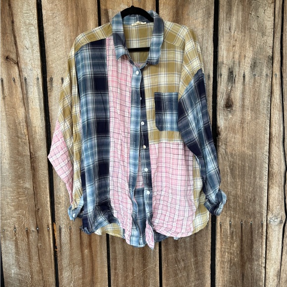 ee:some‎ Patchwork Plaid Button Down Shirt 1XL Oversized Soft Grunge Cottagecore - Picture 2 of 8